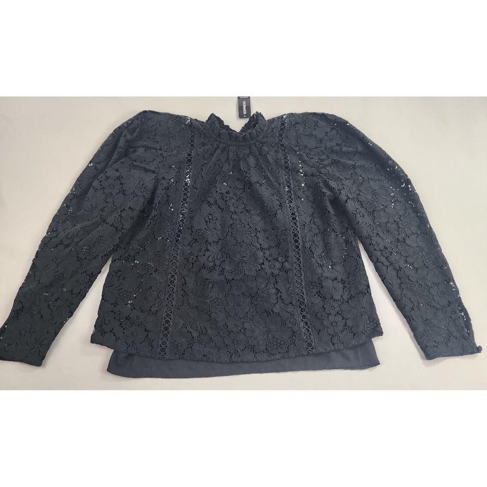 Express Black Floral Lace Blouse Top Womens S Long Sleeve Ruffle Neck 08656849